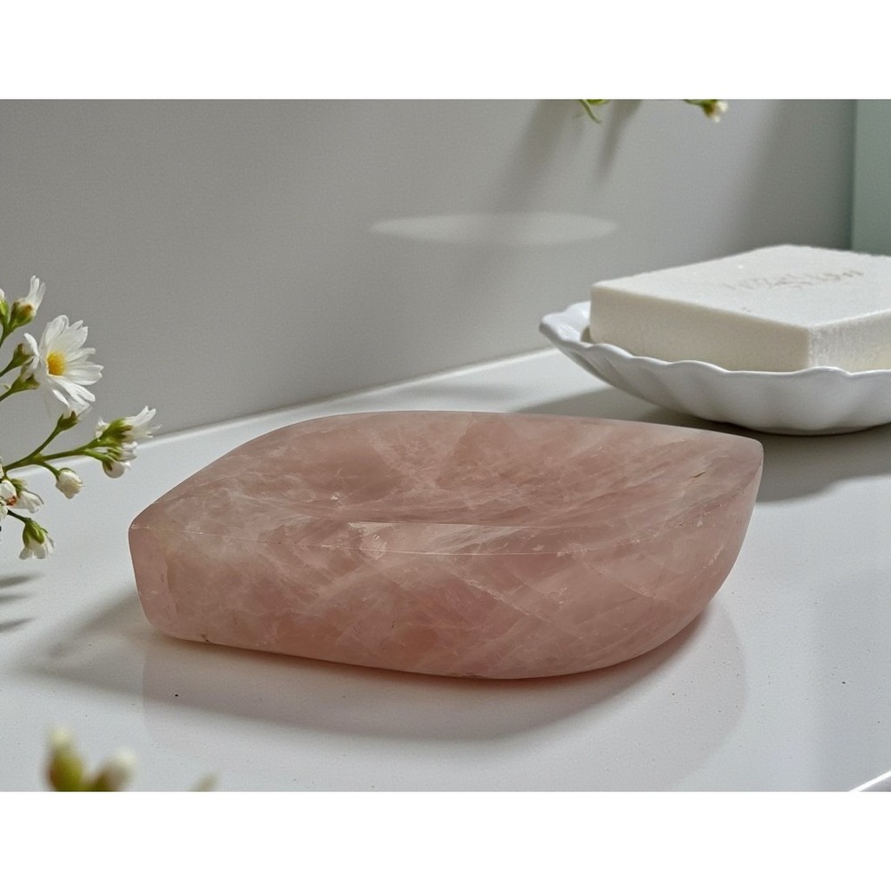 Rose Quartz Bar Soap Holder Jewelry‎ Dish Handcrafted Natural Crystal Tray Pink